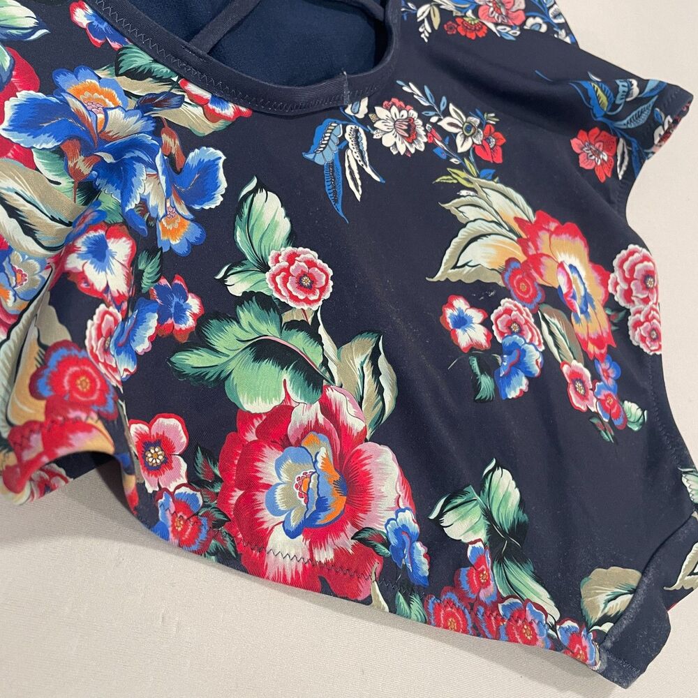 ~ Johnny Was Lg Swimsuit 1-Piece Navy Floral Tank Lace-Back Strappy Large 10/12 - Picture 16 of 16